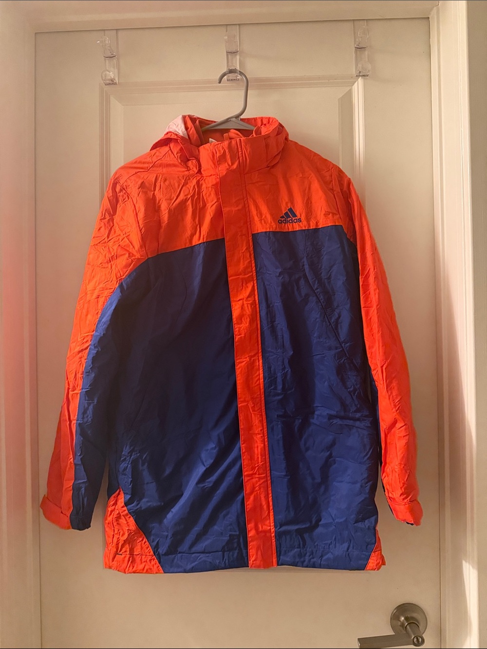 Adidas Orange and Blue Colorblock Hooded Heavy Duty Windbreaker Jacket